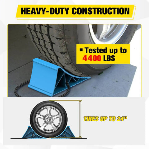 Heavy Duty Wheel Chocks 2-Pack for Cars, Trucks, RVs, Trailers and Motorcycles, blue chocks in use on vehicle tire, Nilight