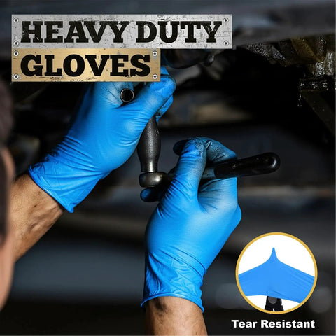 Person wearing Blue 6 Mil Heavy Duty Nitrile Gloves Textured Powder Free Latex Free Box Of 100 while tightening bolt