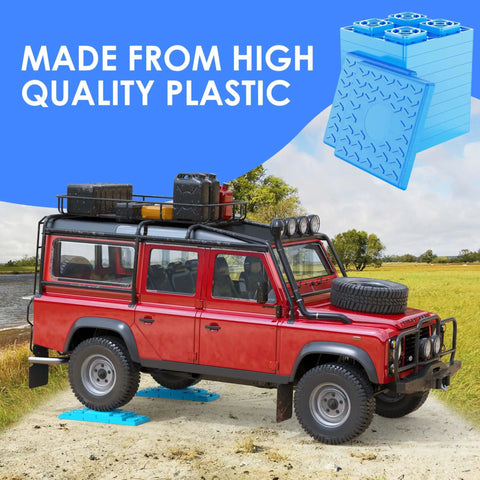 Heavy Duty RV Leveling Blocks 12 Pack With Interlocking Design And Packing Bag supporting a red off-road vehicle on grass