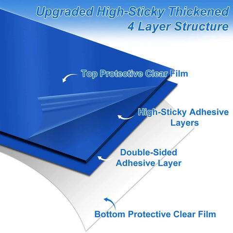 Heavy Duty Sticky Mat Tacky Adhesive Pads 300 Sheets Bulk Pack, 4-layer blue structure with protective films and adhesive layers illustrated.