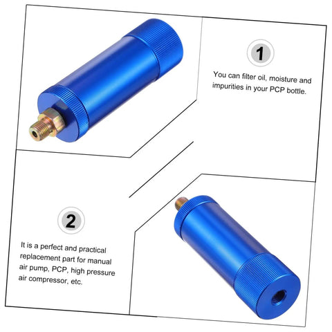 Heavy Duty Water Oil Separator For High Pump Systems With Alloy Aluminum Design And Built To Last Automatic Lubrication For Pneumatic Tools Dual Filtration System And Compressor Accessory in blue, showing dual filtration system.