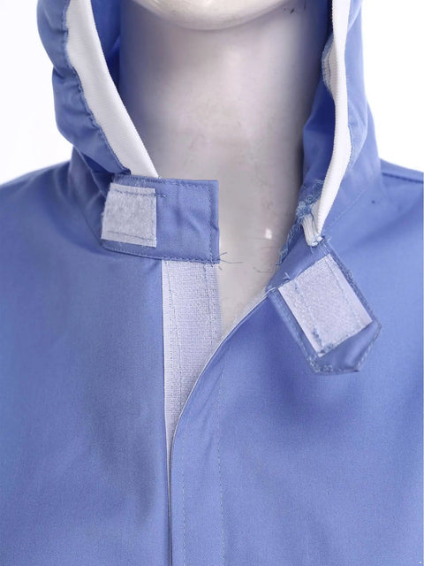 Close-up of blue hooded lab coat with hook-loop fastener, part of the Durable Hooded Lab Coat For Men Women Unisex Cleanroom Lab Jacket In Blue 3X-Large With Hooded Or Hatless Style Ear Loop Options Front Hook Loop Fastener 100 Percent Polyester Pro-Grade Workwear For Laboratory Workshop And Medical Settings Renvena.
