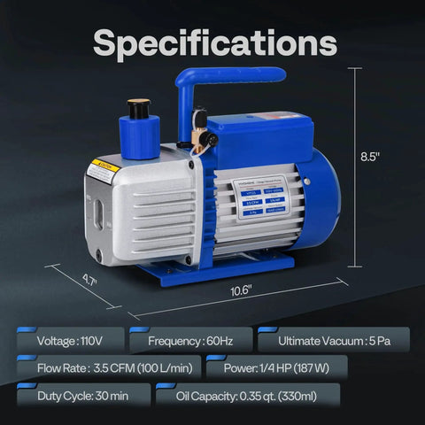 Easy DIY HVAC Vacuum Pump Kit 110V One Quarter HP 3.5 CFM Single Stage Rotary Vane in blue with specifications detailed.