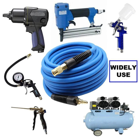 Hybrid Air Hose Three Eighths Inch By Twenty Five Feet 300 PSI with tools and air compressor, blue, lightweight, kink resistant, bend restrictors.