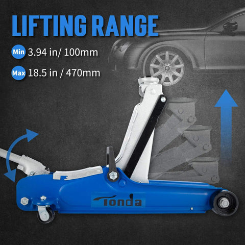 Side view of Low Profile 2.5 Ton Hydraulic Floor Car Jack For Cars And SUVs With Lifting Range From 3.35 Inches To 14.57 Inches Built In Heavy Duty Steel For Home Garage Shop Use Blue By Tonda, showing lifting process and dimensions.