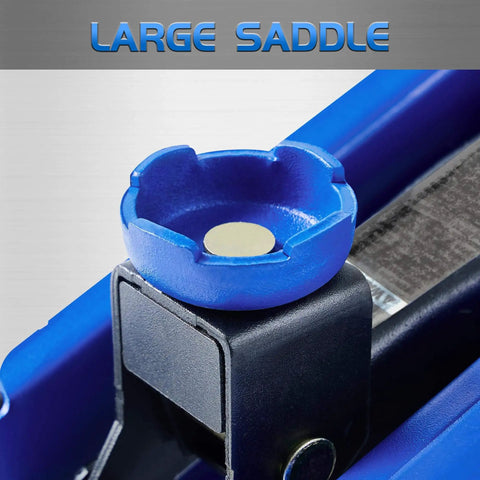 Close-up of the hydraulic saddle of the Hydraulic Floor Jack 1.5 Ton Portable Car Lift With 4.9 To 11.8 Inch Lift Range Blue Durable Steel Construction Safe Overload Valve Easy To Use For Most Cars Budget Friendly.