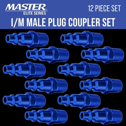 12 Piece Industrial IM Type Plug Air Fittings Set With One Quarter Inch NPT Male Threads, blue anodized finish display