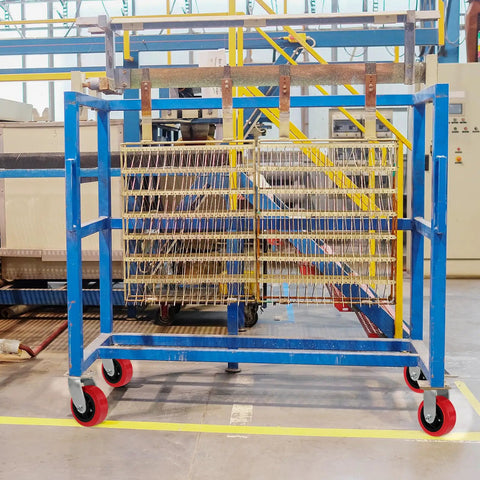 Heavy Duty Industrial Casters 5x2 Inches With Polyurethane On Polyolefin Core Wheel on a blue industrial cart