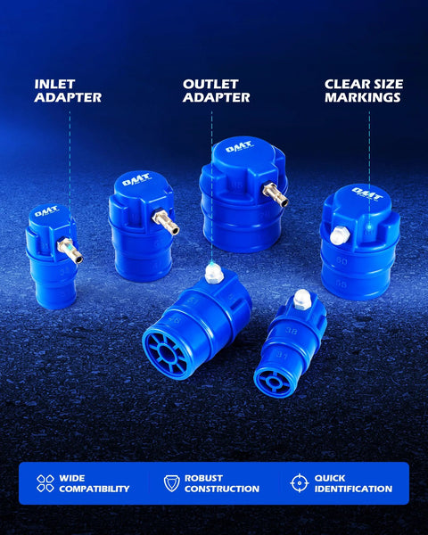 OMT blue turbo leak tester adapters set with six stepped inlet/outlet adapters and smoke adapter