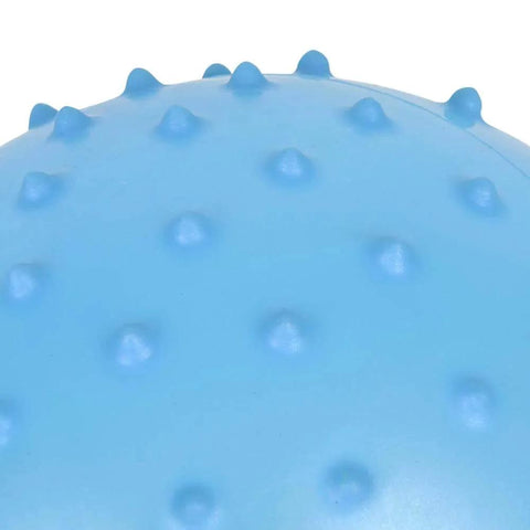 Close-up of blue Mini Knobby Balls - (Pack of 12) Bulk 5 Inch Sensory Balls and Spiky Massage Stress Balls with Pump surface texture