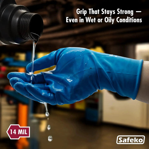 14 Mil Blue Latex Disposable Gloves Powder Free With Extended Cuff Textured Grip held under pouring liquid.