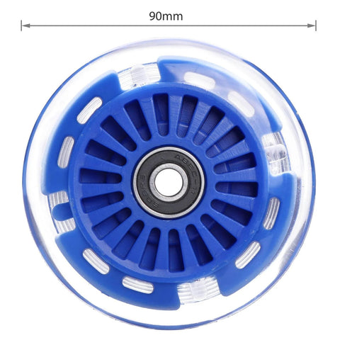 90mm blue polyurethane light-up scooter wheel with bearings, shown from the side.