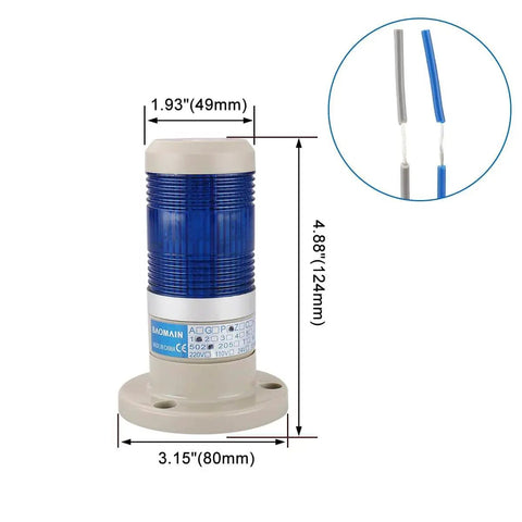 Blue LED Industrial Signal Light Tower Lamp For 24V DC Machinery, Continuous Light Beacon With Direct Mount, 80mm Base, 124mm Tall, 184g, Model LTP-502T, Baomain, viewed from the front with wiring detail inset.
