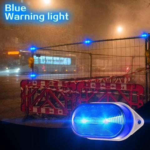 Blue LED Industrial Signal Light For 12V DC Systems N 3051 flashing warning lamp in industrial nighttime setting