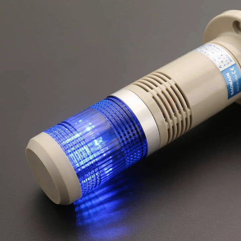 Industrial Alarm Warning Light With Built In Buzzer Blue LED Signal Tower For Industrial Use 110V AC Continuous Alert Light shown lying down.