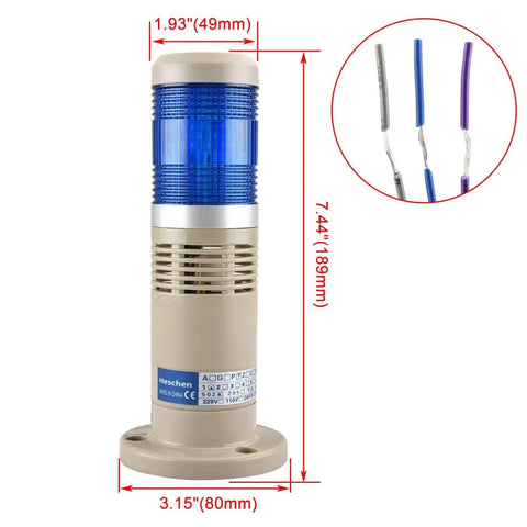 Front view of 24V DC Blue LED Tower Stack Light With Built In Buzzer For Industrial Signal And Alarm Use, Model HS LTP 502TJ Heschen