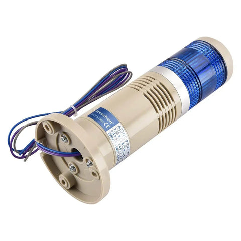 24V DC Blue LED Tower Stack Light With Built In Buzzer For Industrial Signal And Alarm Use, Bright Continuous Light, 80 x 190mm Size, Base Diameter 3.1 Inch, Model HS LTP 502TJ Heschen
