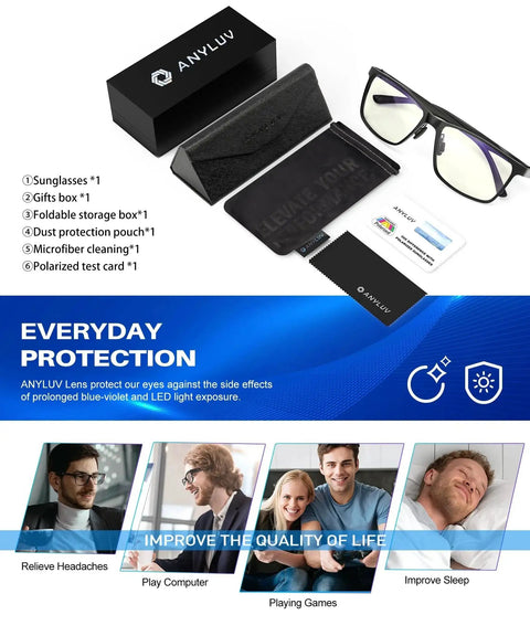 Blue Light Blocking Glasses For Men Women Relieve Eyestrain Eye Protection Black with case, lens cloth, and packaging