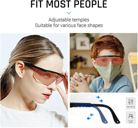 Adults and child wearing UVC 400 Blue Light Blocking Safety Glasses ANSI Z87 Protective Eyewear with adjustable temples.