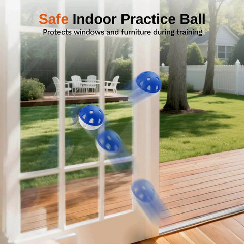 Full Choice Practice Golf Balls (20 Pack), Limited-Flight Training Balls, blue ball bouncing indoors, safe for windows.