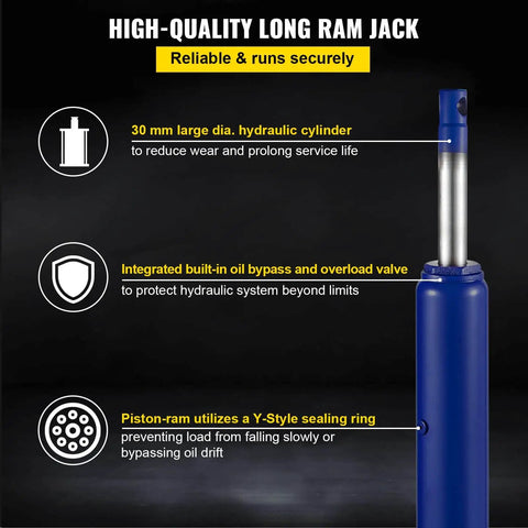 Beefy 8 Ton Hydraulic Long Ram Jack With Single Piston Pump And Clevis Base For Garage And Shop Cranes Engine Lifts Manual Cherry Picker With Handle 26 To 46 Inch Lift Range Blue in close-up view showing hydraulic cylinder details