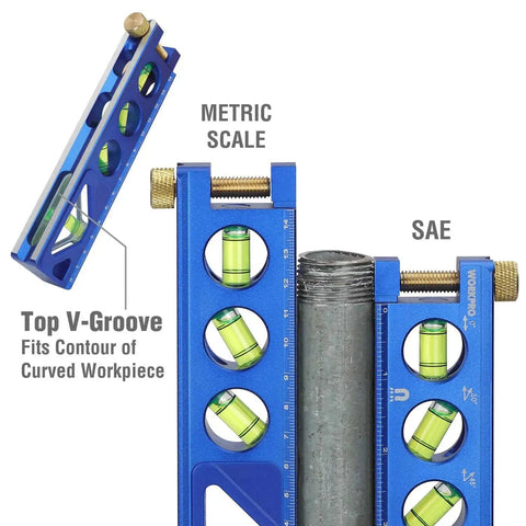 Magnetic Torpedo Level Six And A Half Inch With Verti Site View For Readability Front Back Or Top Four Vials At 0 Degree 90 Degree 45 Degree And 30 Degree Aluminum Anodized Construction For Durability Thumb Screw Mount For Quick Conduit Attachment And showing close-up of vials and metric scale