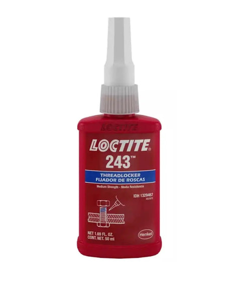 Front view of blue medium strength threadlocker bottle, 50 mL, for general purpose fasteners, oil tolerant, three quarters inch thread.