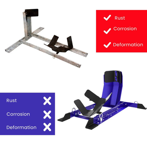 Universal Wheel Chock for Motorcycle Stand for Trailer Storage Adjustable Foldable Detachable Blue One Person Load and Unload Safe with Straps by Grand Pitstop, comparing metal and blue chock