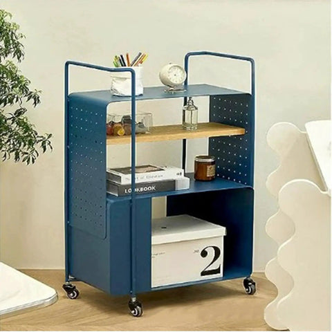 Blue metal storage cart with three shelves, decorative items, and Heavy Duty Swivel Caster With 1.5 Inch Threaded Bar And M8x25 Nut Spacer For Shopping Carts Workbenches And Furniture No Brake 4 Pack Supports Up To 660 Lb With Polyolefin Wheel And Protective Rubber Tread casters.