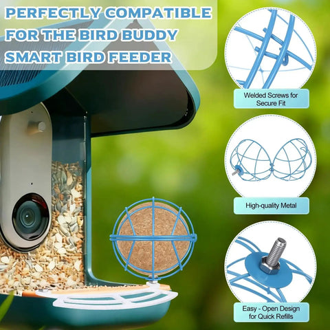 Two Pack Metal Suet Ball Holders For Bird Buddy Smart Feeders with welded screws and perch extenders in blue plate design