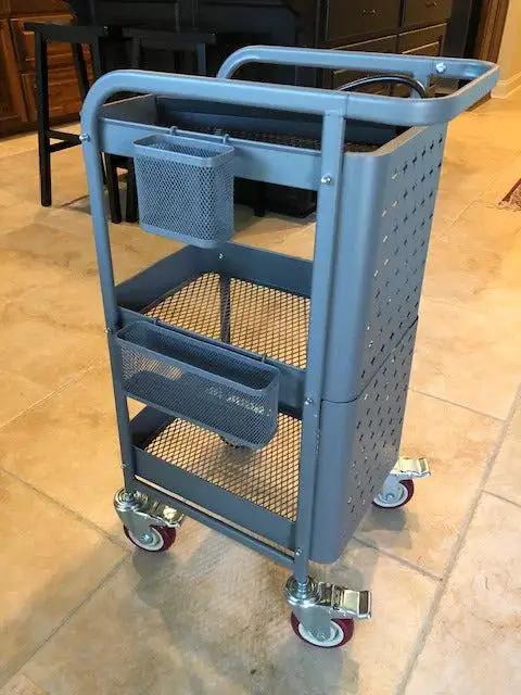 Utility cart with heavy duty stem caster wheels providing quiet smooth operation and dual locking brakes for mobility.