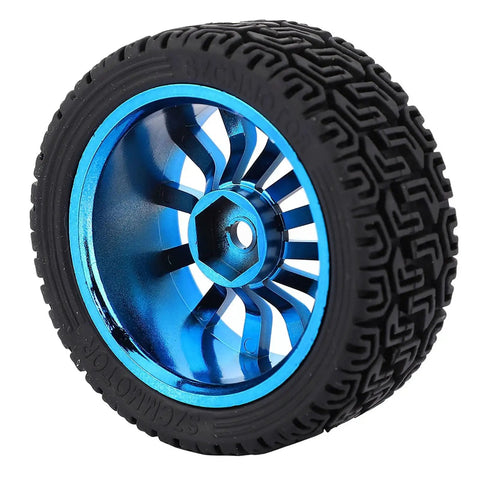Wheel kit for DC 12V Encoder Gear Motor 65mm Full Metal Geared Motor with Mount Bracket, black tire with blue rim.