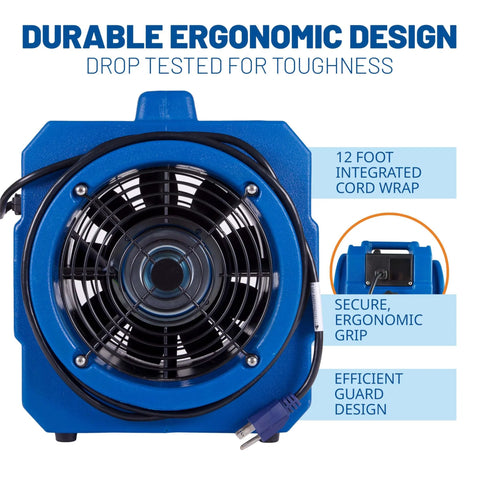 Portable 1/5 HP, 870 CFM Mini Axial Air Mover Fan with Wall Mount Option for Water Damage, Drying and Ventilation, Blue, MA-870