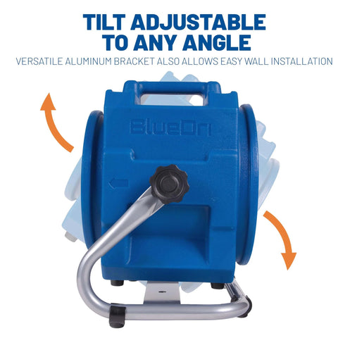 Front view of Portable 1/5 HP, 870 CFM Mini Axial Air Mover Fan with Wall Mount Option for Water Damage, Drying and Ventilation, Blue, MA-870