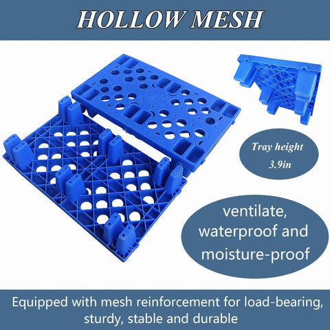Lightweight Blue Plastic Pallet Set Of 4 Nestable HDPE Moisture Proof Floor Pallets For Restaurants Kitchens Warehouses And Retail Stores Ideal For Basement Storage 19.6 By 11.8 By 3.9 Inches with hollow mesh design.