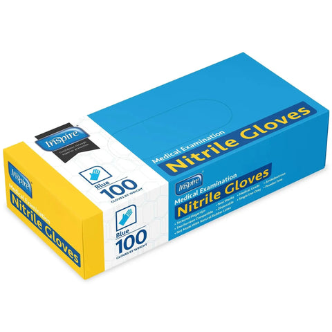 Box of blue nitrile exam gloves, large size, latex free, disposable, for medical EMT use, labeled '100 gloves'