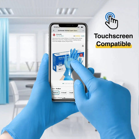 Person wearing Blue Nitrile Exam Gloves Medical Grade Size M 1000 Count Latex Free Disposable using a smartphone touchscreen
