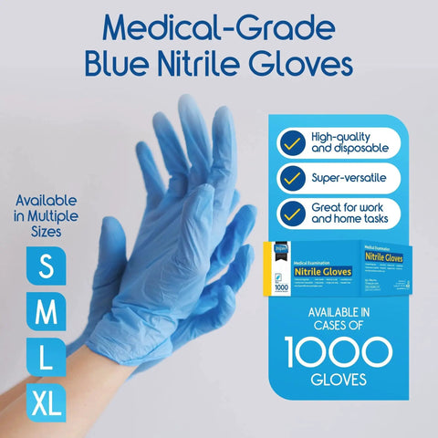 Hands wearing Nitrile Exam Gloves Blue Large Latex Free Disposable For Medical EMT Use, with product details and packaging visible.