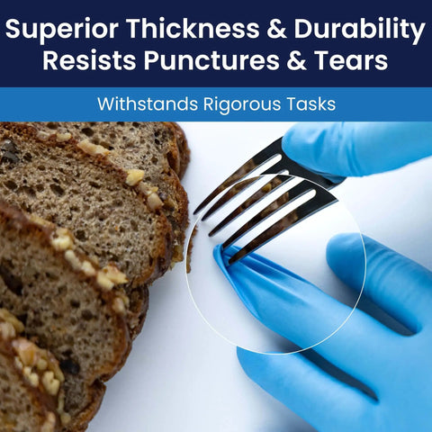 Heavy Duty 8 Mil Nitrile Exam Gloves With Textured Grip Blue 2X-Large Case Of 900 Powder Free Latex Free Medical Lab And Industrial Use Laboratory Ready Adenna Empower showing durability by handling a fork.