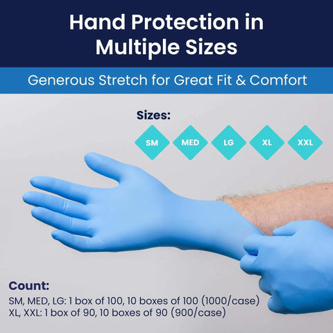 Heavy Duty 8 Mil Nitrile Exam Gloves With Textured Grip Blue 2X-Large Case Of 900 Powder Free Latex Free Medical Lab And Industrial Use Laboratory Ready Adenna Empower shown in multiple sizes with a focus on comfort and fit.