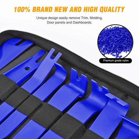Close-up view of comprehensive 238 piece trim removal tool kit with blue panel pry tools in a carrying case for car interior work