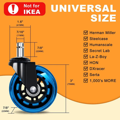 Office Chair Wheels Replacement Set Of Five 3 Inch Soft Non Marking Polyurethane Casters For All Floors Including Hardwood And Carpet Delivers Smooth Quiet Glide For Desk Chairs Blue; universal size with dimensions and compatible chair brands listed, not for IKEA, shown in close-up view.