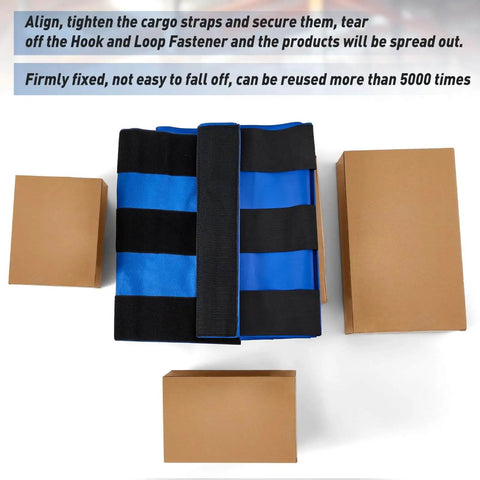 Adjustable Cargo Pallet Straps Bundle For Shipping And Storage Reusable Pallet Wrap Ties 19.3 Inch Wide By 15 Foot Long Bright Blue Oxford Fabric Easy To Use Alternative To Stretch Film on white background with cardboard boxes