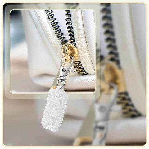 Close-up of white zipper with Paracord Zipper Pulls 80 Mm For Backpacks And Luggage Polyester Rope With Rust Resistant Metal Clasp 5 Pack Blue attached.