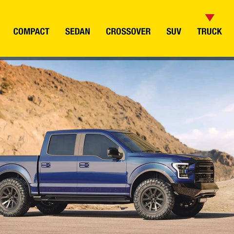 Blue truck parked in front of mountain landscape, highlighting the use of Aerosol Emergency Flat Tire Repair And Inflator For X Large Tires.