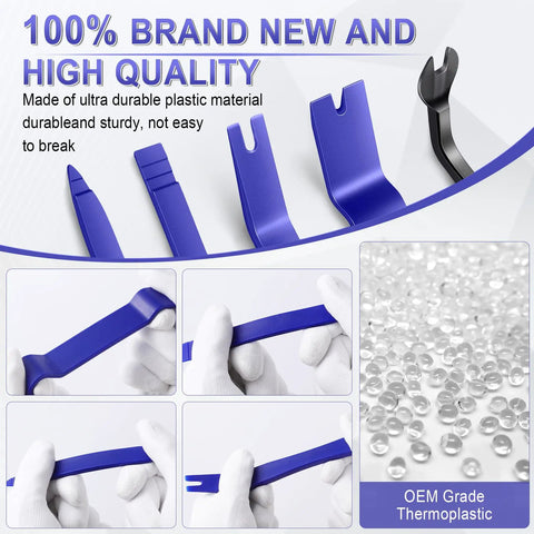 5 Piece Auto Trim Removal Tool Kit From LivTee For Interior Dash Panels Door Panels And Clips No Scratch Plastic Pry Tools Blue Color For Vehicle Audio Dash Installers shown in packaging with details of blue nylon pry tools.