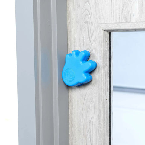 Anti Slam Door Safety For Kids Two Pack Finger Trap Stoppers With Adhesive Pad, Durable Plastic Guard For Child Doors, Easy Install On Handles, Blue Color Keeps Tiny Fingers Safe From Slams installed on door handle