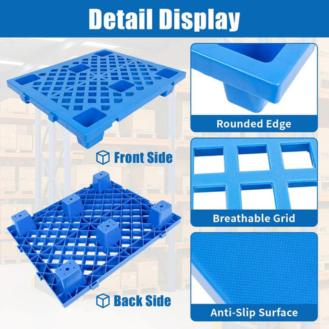 Lightweight Plastic Pallet 23.6 In By 19.7 In By 3.9 In Waterproof Floor Pallet With Breathable Grid, front and back view, blue