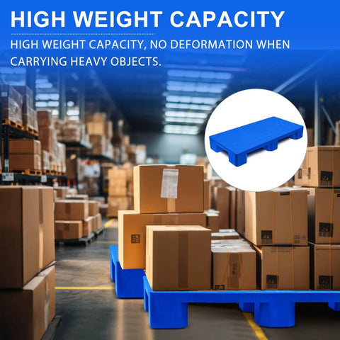 Warehouse setting with stacks of boxes on blue lightweight outdoor plastic pallets, showcasing high weight capacity and durability.