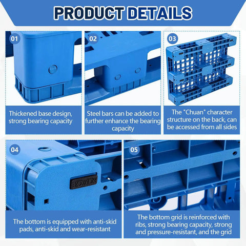 Product details of Blue Plastic Pallet 32 Inch By 24 Inch By 6 Inch Breathable Grid Lightweight Beefy Poly for wet basements.